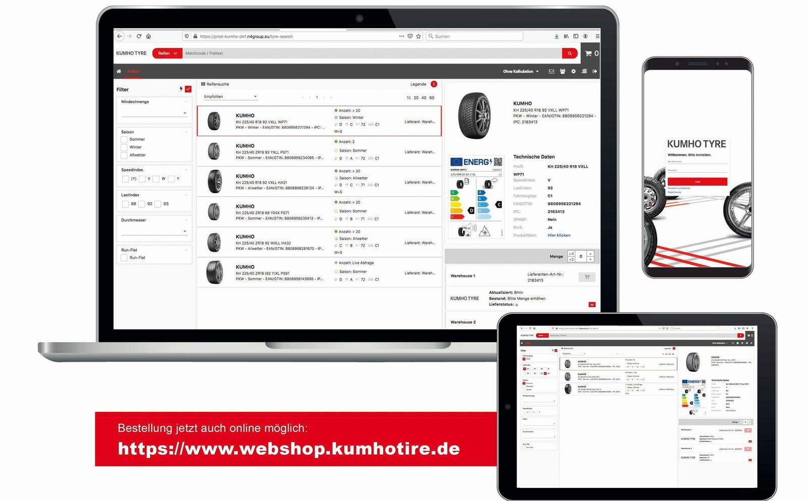 Partner von Kumho Tyre haben unter www.webshop.kumhotire.de  Zugriff auf das gesamte Kumho-Sortiment.
