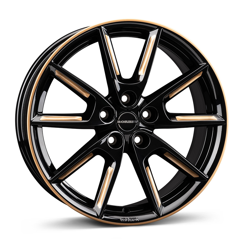 „Black glossy gold spoke rim“ ist eine von diversen Farben in denen Borbet sein LX18- respektive LX19-Rad im Angebot hat. 