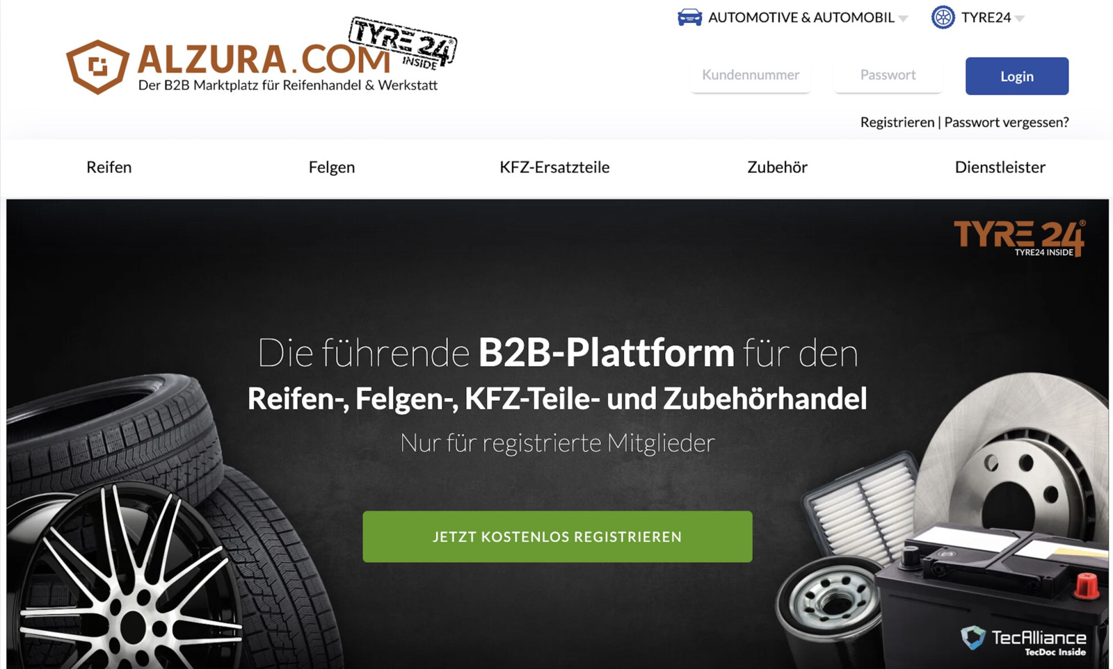 Auf der Alzura Tyre24-Plattform wird in den Segmenten Reifen, Felgen, KFZ-Ersatzteile und Zubehör ein Abbild des automobilen Aftermarkets geschaffen.